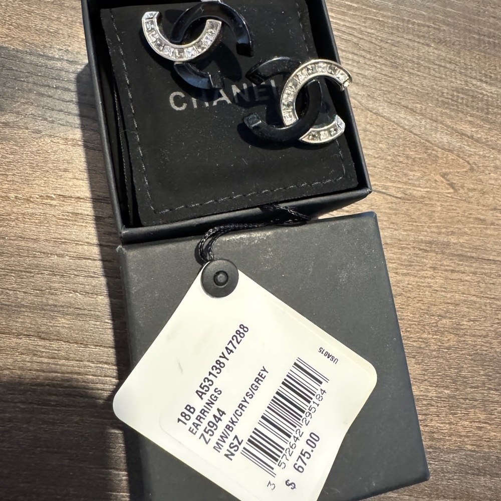 CHANEL Black and Silver Crystal Earrings
